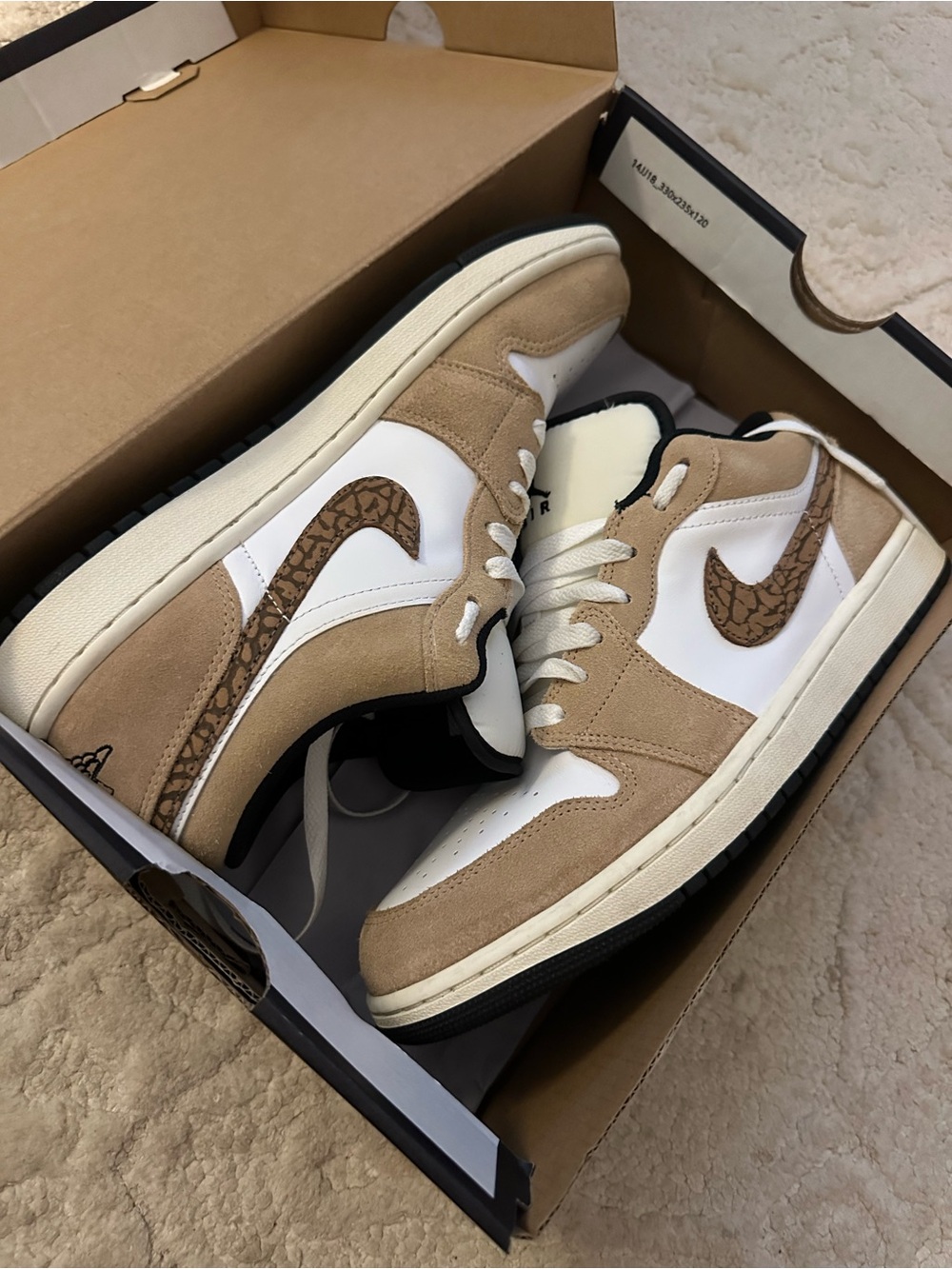 Jordan Low-Top Sneakers in White and Tan with Elephant Print Swoosh - Picture 8 of 8